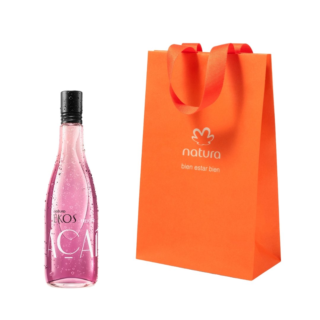 Perfume Natura Ekos Frescor Açaí 150ml, Eau de Toilette femenino, fragancia tropical y revitalizante, con bolsa de regalo naranja de la marca.