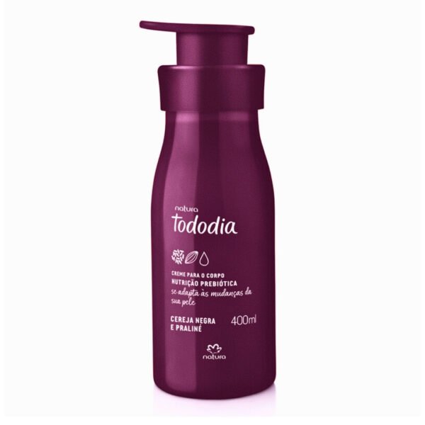 Crema corporal Tododia Cereza Negra y Praliné de 400ml en botella color púrpura oscuro con dispensador, con nutrición prebiótica.