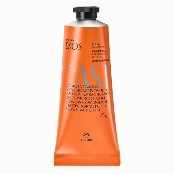 Pulpa para Manos Ekos Castaña de 75g en tubo color naranja, con acción antirresequedad.