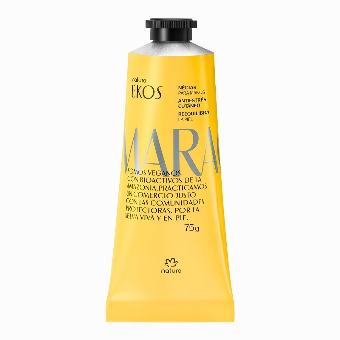 Néctar para Manos Ekos Maracuyá de 75g en tubo color amarillo vibrante, con efecto antiestrés cutáneo.