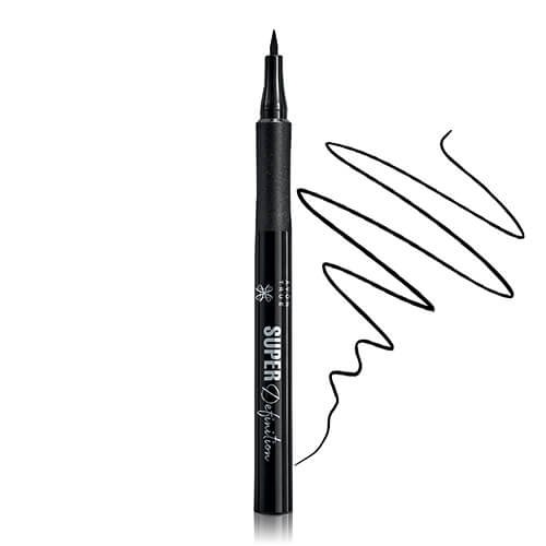 Delineador de ojos líquido Avon Super Definition de punta fina color negro, junto a un trazo grueso del producto.