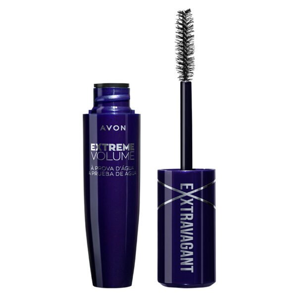 Máscara de pestañas Exxtravagant Avon Extreme Volume a prueba de agua, en envase morado, con su aplicador abierto con cepillo.