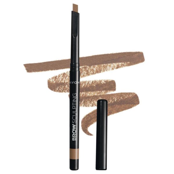 Lápiz retráctil de cera para cejas Avon Brow Sculpting color marrón, con la tapa abierta y una muestra del trazo.