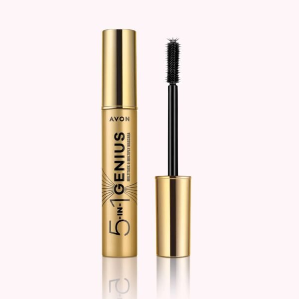 Máscara de pestañas Avon 5-in-1 Genius en envase dorado metálico, con su cepillo abierto.