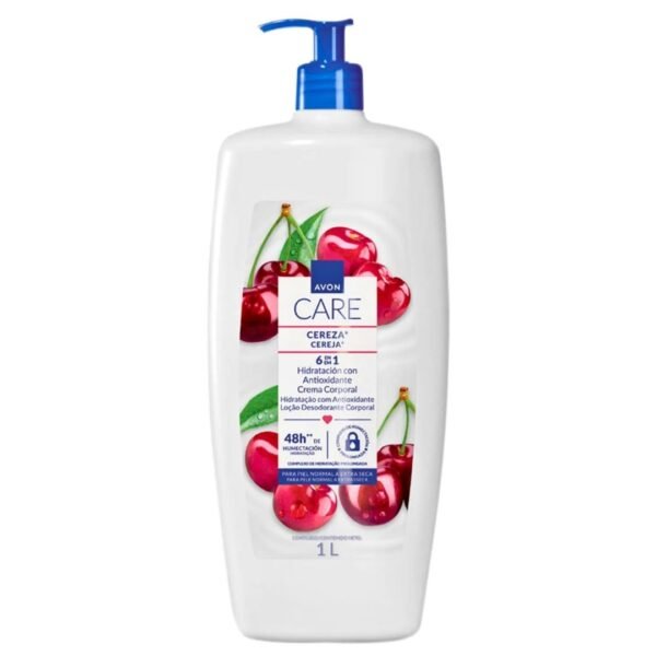 Envase de 1 litro de crema corporal Avon Care Cereza. Presenta una botella blanca grande con dispensador azul e imágenes de cerezas brillantes en la etiqueta. Indica una fórmula "6 en 1" con antioxidantes y 48 horas de hidratación para piel normal a extra seca.
