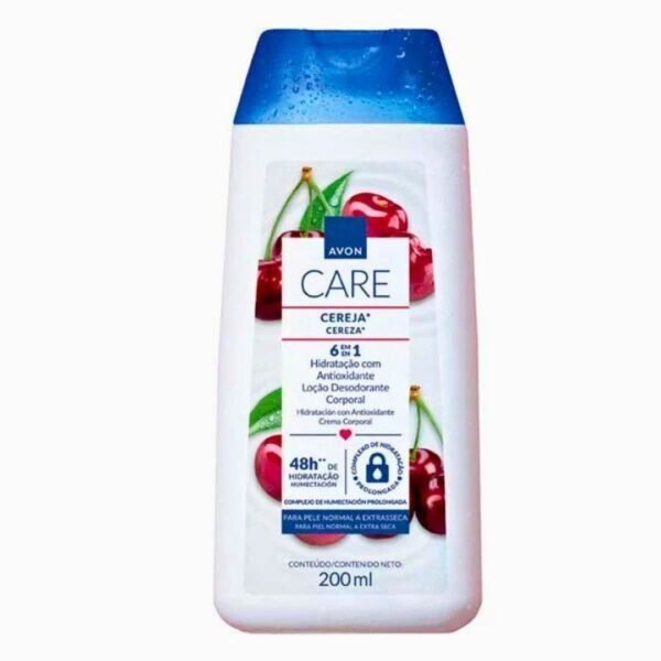 Versión portátil de 200 ml de la crema corporal Avon Care Cereza. A diferencia de la versión de litro, este envase tiene una tapa abatible (flip-top) de color azul oscuro. Mantiene la misma imagen de cerezas y los beneficios de hidratación con antioxidantes por 48 horas.