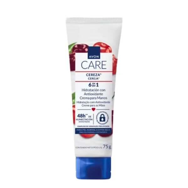 Tubo de crema para manos Avon Care Cereza de 75 g. El envase es blanco con detalles en rojo y azul, destacando su fórmula "6 en 1" con antioxidantes. Promete 48 horas de humectación para piel normal a extra seca.