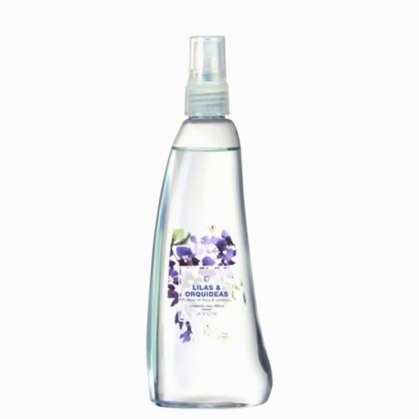 Frasco de colonia refrescante Avon Lilas & Orquídeas de 200 ml. Presenta el mismo diseño estilizado y transparente de la línea, con una etiqueta decorada con flores en tonos violeta y púrpura.