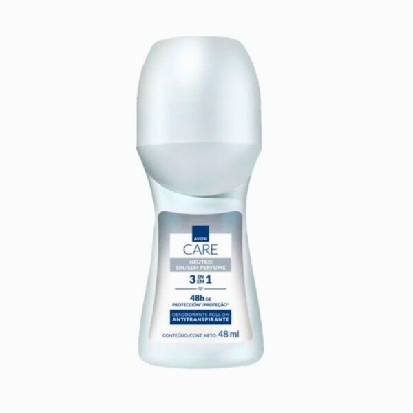 Desodorante roll-on antitranspirante Avon Care Neutro de 48 ml. El envase es blanco con una tapa redondeada. La etiqueta indica que es una fórmula "3 en 1" sin perfume, diseñada para ofrecer 48 horas de protección.