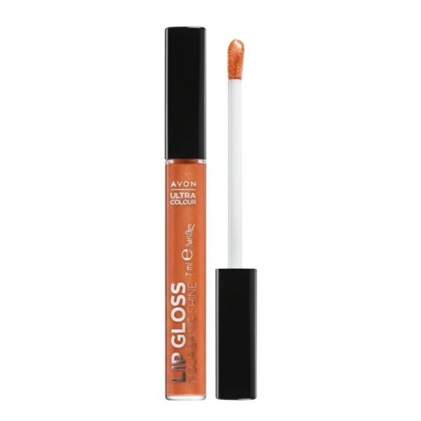 Un envase de brillo labial Lip Gloss Just Peachy de Avon de 7 ml. El líquido es de color durazno brillante con destellos dorados. El aplicador está fuera del tubo, mostrando una punta de esponja impregnada con el producto.