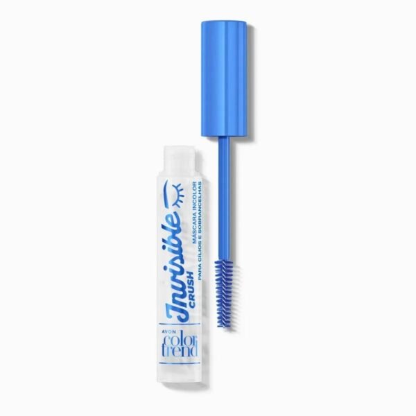 Máscara para pestañas y cejas incolora Avon Color Trend Invisible Crush. El envase es blanco con letras azules y una tapa de color azul vibrante. El cepillo aplicador está fuera del tubo, revelando cerdas azules en espiral.