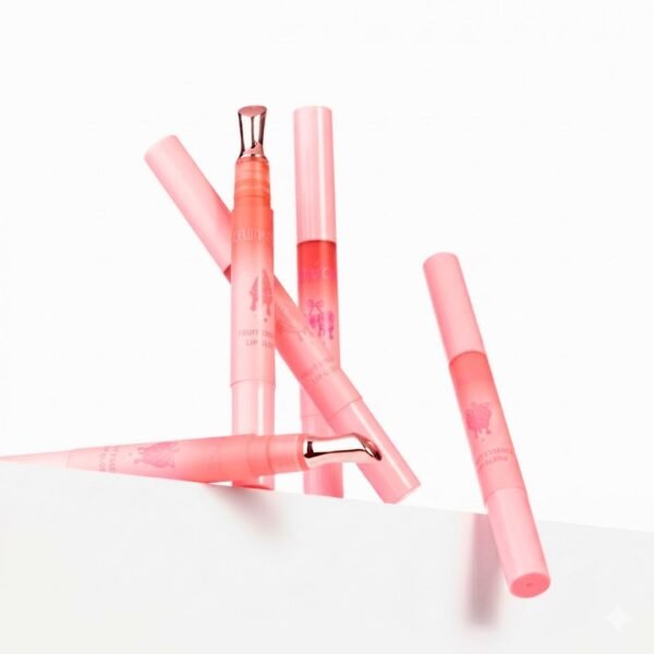 Fotografía publicitaria con fondo blanco brillante. Varios brillos labiales líquidos tipo pluma de la marca Kevin & Coco, con empaques tubulares de color rosa translúcido y degradados naranjas, se entrelazan de forma dinámica. Uno de ellos está en primer plano mostrando su aplicador metálico curvo y plateado, mientras los demás reposan en ángulos diagonales.