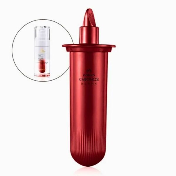Repuesto de envase cilíndrico de color rojo metálico para la línea Natura Chronos Derma - Repuesto Sérum Intensivo Lifting y Firmeza Chronos. En la esquina superior izquierda, un pequeño recuadro muestra el frasco de vidrio original del sérum que este repuesto reemplaza.