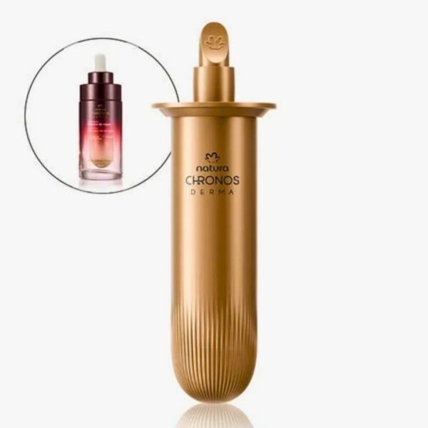 Repuesto de envase cilíndrico de color dorado metálico para la línea Natura Chronos Derma. Repuesto Súper Sérum Reductor de Arrugas Chronos Incluye un recuadro circular que muestra el producto original: un frasco de vidrio con gotero.