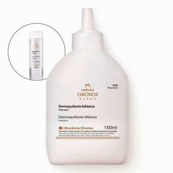 Envase de repuesto blanco de 150 ml para el Desmaquillante Bifásico Intensivo Natura Chronos. El diseño es sencillo con texto en negro y marrón. Un círculo en la parte superior izquierda muestra la botella rígida original del producto.
