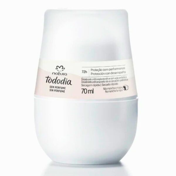 Desodorante roll-on Natura Tododia de 70 ml. El envase es blanco con una etiqueta en tonos crema que indica que es "Sin Perfume" y ofrece 72 horas de protección.