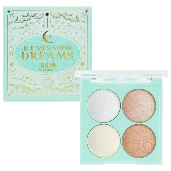 aleta de iluminadores de cuatro tonos "Iluminador Dreams" de la marca Trendy. Al lado izquierdo se observa la caja de empaque de color verde menta con ilustraciones místicas doradas de lunas, soles y nubes. Al lado derecho, la paleta cuadrada abierta muestra cuatro iluminadores circulares en tonos blanco brillante, champaña claro, crema y bronce dorado.
