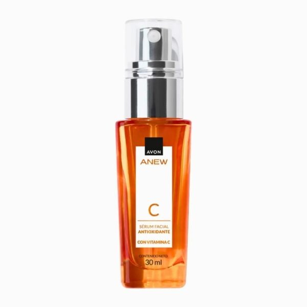 Frasco de cristal naranja translúcido de 30 ml de Sérum Facial Antioxidante Avon Anew con Vitamina C. Cuenta con una etiqueta blanca vertical en el centro y un dispensador plateado con tapa transparente.