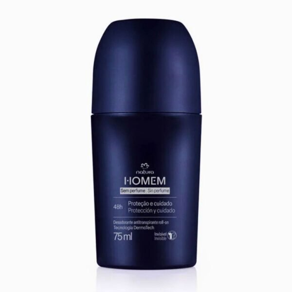 Desodorante antitranspirante roll-on Natura Homem de 75 ml en un envase cilíndrico de color azul marino mate. La etiqueta frontal indica que es "Sin perfume", ofrece "Protección y cuidado" por 48 horas y cuenta con tecnología Dermotech.