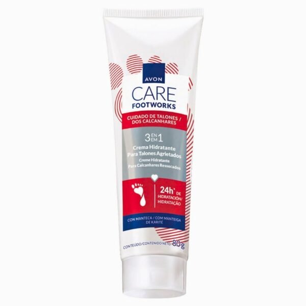 Un tubo vertical de crema para el cuidado de talones agrietados de la línea Avon Care Footworks de 80 g. El envase es blanco con detalles en colores rojo, azul y gris, mostrando el texto "3 en 1 Crema Hidratante para Talones Agrietados" y la silueta de una huella de pie blanca sobre un recuadro rojo.
