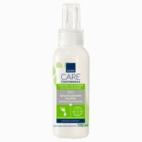 Una botella de spray desodorante para pies Avon Care Footworks de 100 ml con líquido blanquecino y un atomizador transparente. La etiqueta frontal tiene un diseño con detalles en verde brillante y azul marino, destacando la frase "Control de olores" y la tecnología de protección contra el mal olor.