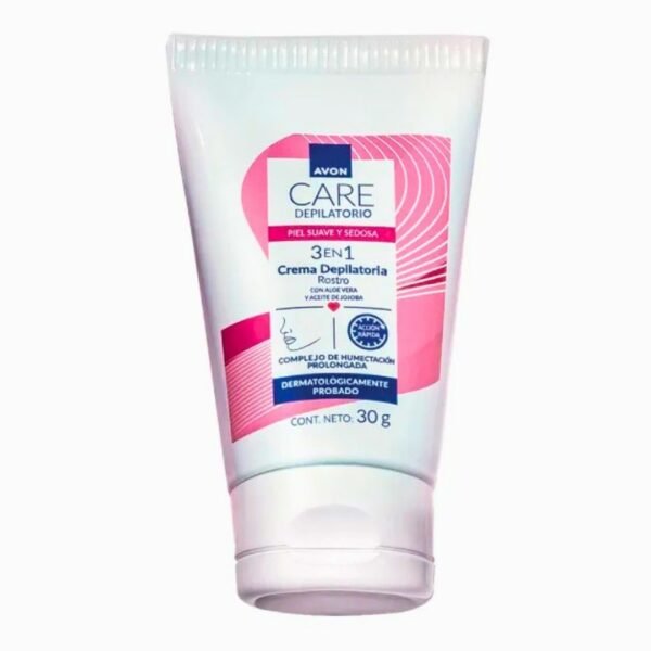 Tubo de crema depilatoria facial Avon Care de 30 g sobre fondo blanco. El empaque es de color blanco con detalles en tonos rosados y letras azules. En la etiqueta se lee "3 en 1 Crema Depilatoria Rostro" con extracto de aloe vera y aceite de jojoba.